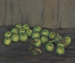 Pommes vertes avec rideau gris