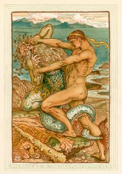 Hercule et le vieil homme de la mer (lithographie couleur)