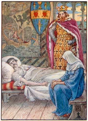 La sorcière donne des conseils sur la blessure de Sir Tristram (lithographie couleur)