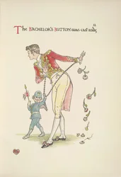 Le bouton du célibataire. Un jeune homme enchaîné aux poignets ; Cupidon le conduit