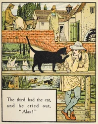 Le troisième avait le chat, et il cria, "hélas!". Le fils du meunier et son chat