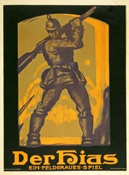 Affiche publicitaire pour une pièce Der Hias, ein feldgraues Spiel par Heinrich Gilardone, publiée en 1917