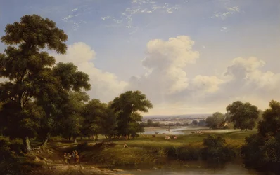 Paysans dans un paysage fluvial boisé