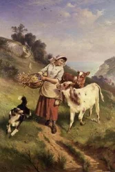 Fille avec deux veaux