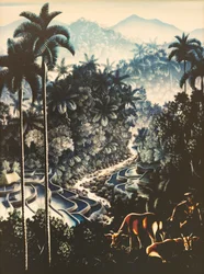 Paysage fluvial avec berger et vaches