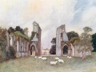 Abbaye de Glastonbury : Vestiges de la grande tour et autres bâtiments (lithographie couleur)