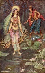 Shantanu Meets the Goddess Ganga, illustration tirée de "Indian Myth and Legend" de Donald A. Mackenzie, publié en 1913 (lithographie en couleur).