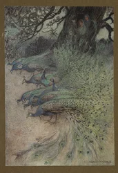 Planche 11 : "Des centaines de paons au somptueux plumage vinrent aux remblais pour manger le khai", tiré de Folk-Tales of Bengal ... Avec 32 illustrations en couleur de Warwick Goble. Édition de luxe.