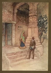Planche 1: "La reine Suo est allée à la porte avec une poignée de riz." de Contes populaires du Bengale ... Avec 32 illustrations en couleur par Warwick Goble. (Édition de luxe.)