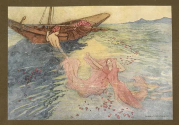 Planche 22: "En remontant à la surface, ils montèrent dans le bateau", de Folk-Tales of Bengal ... Avec 32 illustrations en couleur par Warwick Goble (Édition de luxe)