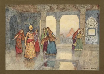 Planche 25: "Les six reines ont essayé de le réconforter", de Contes populaires du Bengale ... Avec 32 illustrations en couleur par Warwick Goble. (Édition de luxe.) 1914 (lithographie en couleur)
