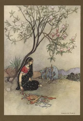 Planche 28: "Ainsi la princesse fut abandonnée.", de Folk-Tales of Bengal ... Avec 32 illustrations en couleur par Warwick Goble. (Edition de luxe.) 1914