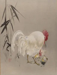 Coq et poule avec poussins, vers 1887