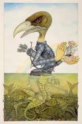 Oiseau en armure sur cheval de mer (crayon et crayon de couleur sur papier) (paire de 150071)