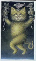 Cat on a Tightrope, balancing with Bird and Mice (crayon et crayon de couleur sur papier)