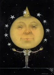 Jongler avec la pleine lune (crayon et crayon de couleur sur papier) (paire de 150067)