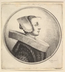 Femme avec collerette circulaire, bonnet et épingle à cheveux, de profil à droite, 1645