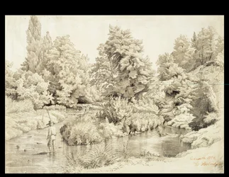 Erkrath, paysage de ruisseau avec un garçon pêchant