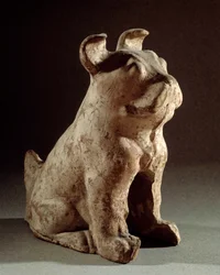 Art chinois : molosse en terre cuite. Statuette funéraire de la période Han (206 av. J.-C.-220 apr. J.-C.). Paris, Musée Cernuschi