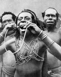 Avaler des cannes dans un rituel cérémonial, Nouvelle-Guinée, 1936