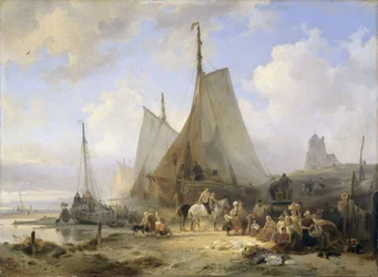 Bateaux de pêche sur la plage avec des pêcheurs et des femmes triant la prise