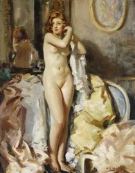 Debout devant un miroir, tête rousse