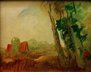 Maison rouge dans le champ devant la lisière de la forêt à droite