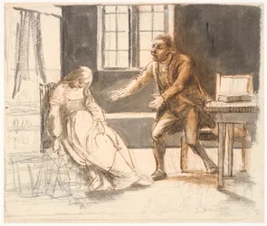 Un homme tend les bras vers une femme, évanouie dans un fauteuil
