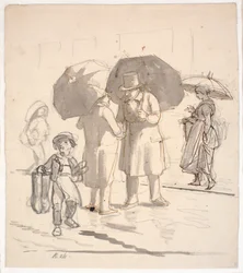 Scène de rue sous la pluie