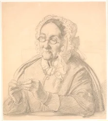 Vieille dame enfilant une aiguille