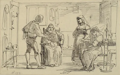 Intérieur où un jeune homme explique quelque chose à un moine assis, à droite une fille pleurant et une vieille femme