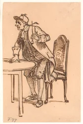 Homme avec casquette et pipe se levant (discutant ?) à une table