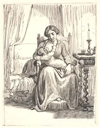 Mère avec enfant allaitant, à droite une bougie allumée