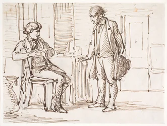 Conversation entre un jeune homme assis et un homme plus âgé debout