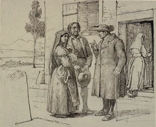 Devant une maison, un prêtre admoneste un jeune couple