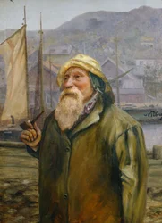 Homme avec chapeau ciré et pipe