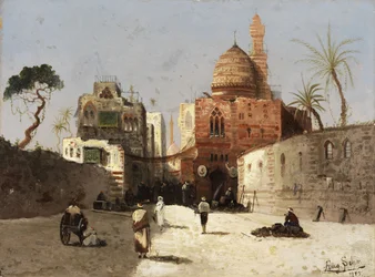 Scène de rue orientale avec mosquée, minaret et marchands sur une place.