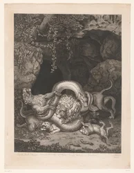 Lion et lionne protégeant leurs petits contre un serpent