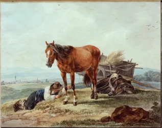 Paysans endormis avec cheval