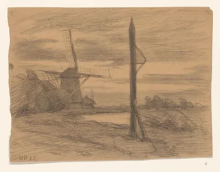 Paysage avec poteau et moulin à vent