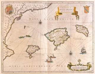 Majorque, Minorque et Ibiza, y compris les côtes de Catalogne et de Valence, dans le "Theatrum Orbis Terrarum, sive Atlas Novus" de Willem Blaeu, Amsterdam.