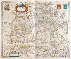 Saragosse, Valence, Alicante, Carthagène, Madrid, Cordoue, Séville, Salamanque, Palencia, Ségovie, Tolède, Cuenca, Grenade, dans le "Theatrum Orbis Terrarum, sive Atlas Novus" de Willem Blaeu, Amsterdam.