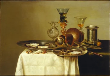 Nature morte avec un roemer sur un support doré, grès et huîtres, 1637