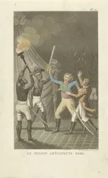 Deux figures avec des épées auprès de deux hommes noirs. L