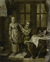Scène galante dans une cuisine