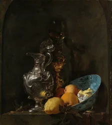 Nature morte avec une cruche en argent et un bol en porcelaine