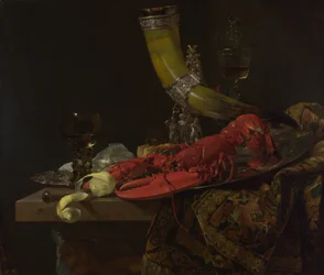 Nature morte au cor à boire de la guilde des archers de Saint Sébastien, homard et verres, vers 1653