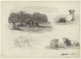Quatre esquisses de charrettes de foin et de vaches