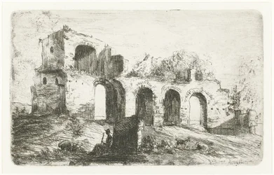 Paysage méridional avec ruine et berger avec bétail