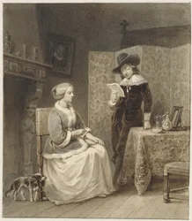 Intérieur historique avec femme assise et homme debout lisant